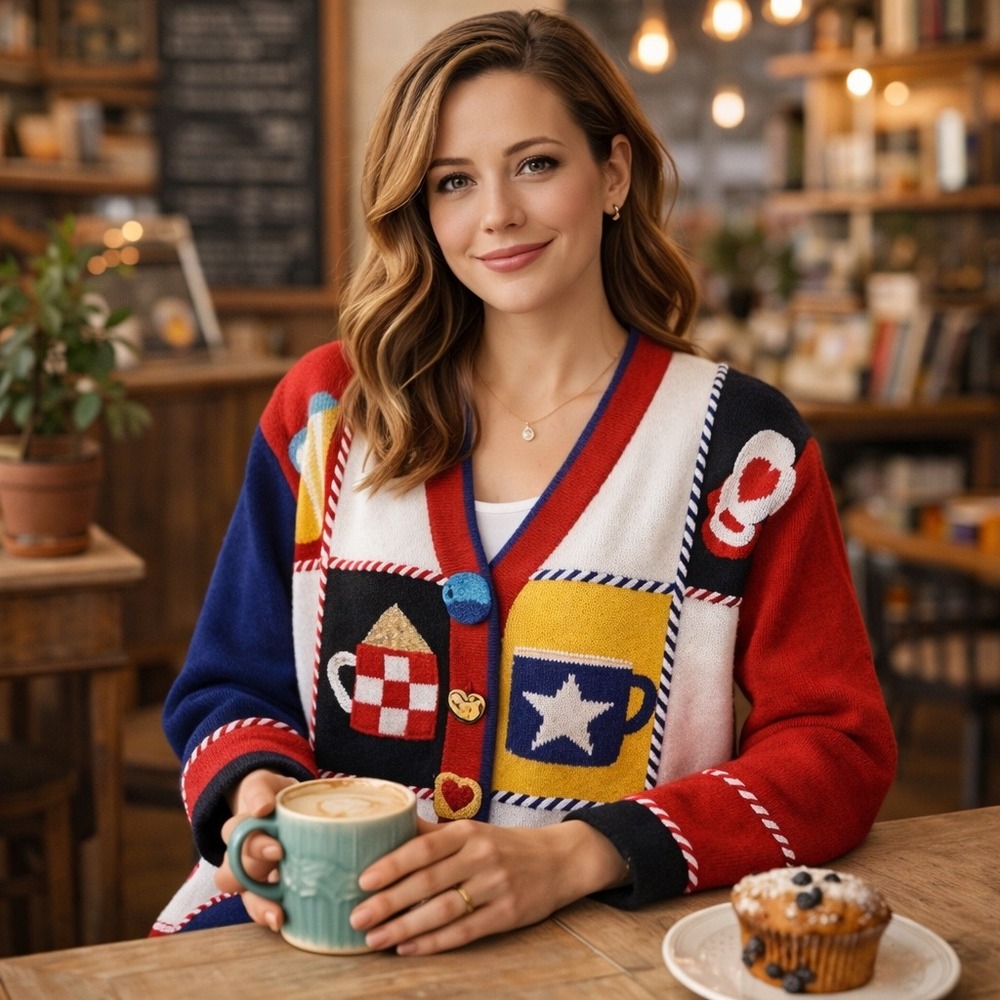 VTG Berek‎ Cardigan Womens Small Patchwork Coffee Tea Art Sweater 90s